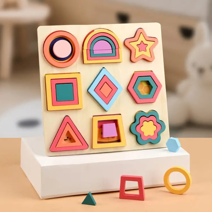 Wooden Geometric Shape  & flower Pattern Puzzle Board for Kids