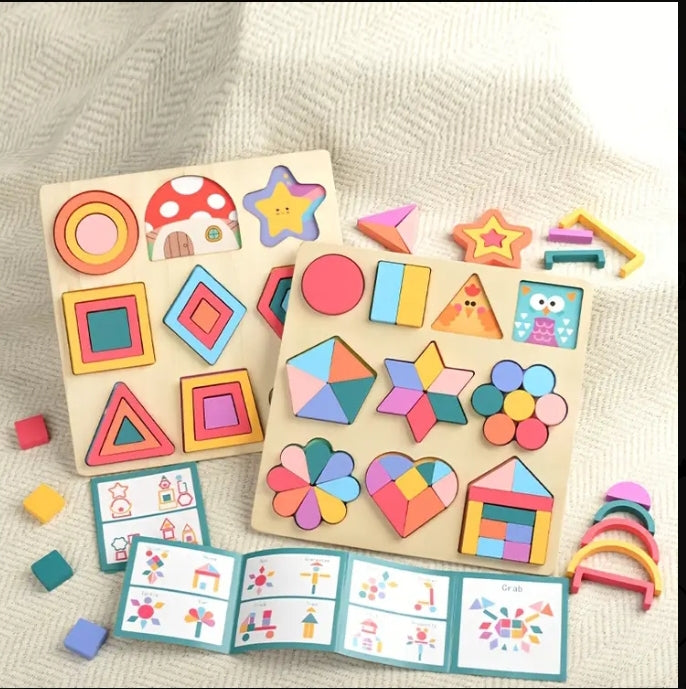 Wooden Geometric Shape  & flower Pattern Puzzle Board for Kids