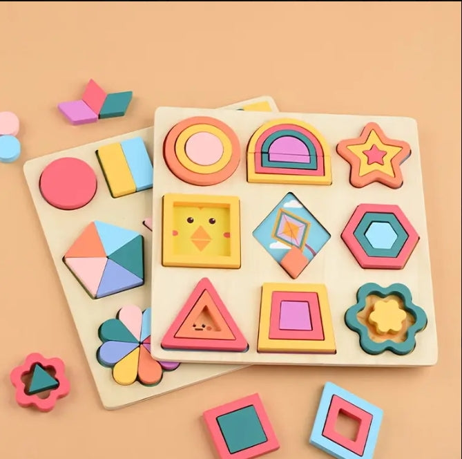 Wooden Geometric Shape  & flower Pattern Puzzle Board for Kids