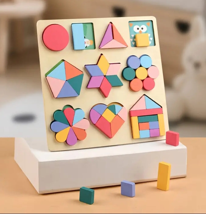 Wooden Geometric Shape  & flower Pattern Puzzle Board for Kids