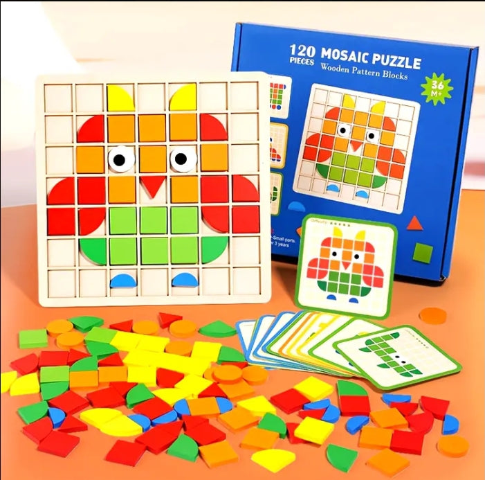 Wooden Mosaic Puzzle Set & Pattern Blocks Learning Game for Kids