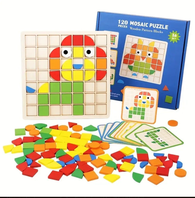 Wooden Mosaic Puzzle Set & Pattern Blocks Learning Game for Kids