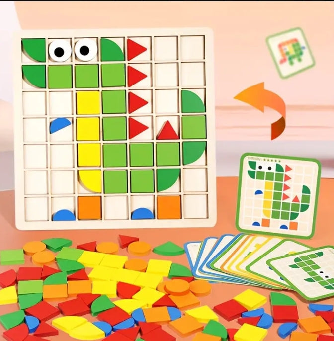 Wooden Mosaic Puzzle Set & Pattern Blocks Learning Game for Kids