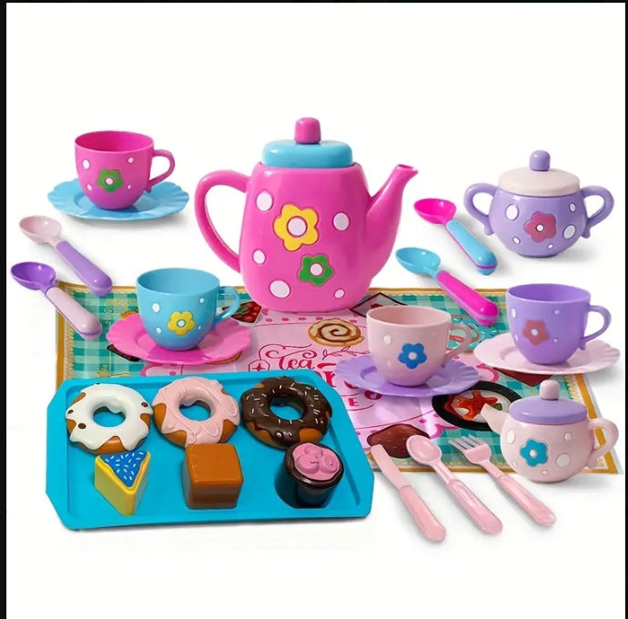 Tea Party Set for Little Girls, Pretend Tea Party Play Set with Cups, Teapot & Dessert Treats