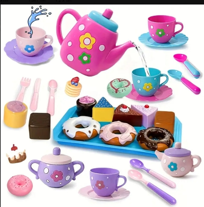 Tea Party Set for Little Girls, Pretend Tea Party Play Set with Cups, Teapot & Dessert Treats