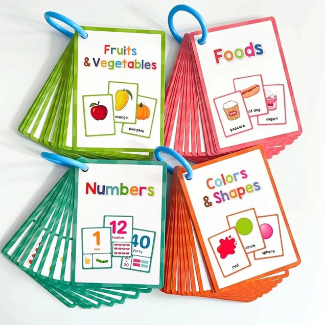 Kids Learning Ring Flash Cards Set – Numbers, Foods, Fruits, Colors & Shapes