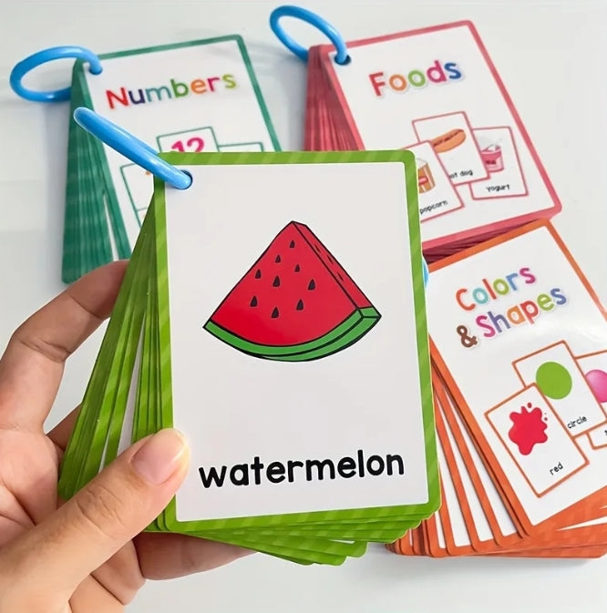 Kids Learning Ring Flash Cards Set – Numbers, Foods, Fruits, Colors & Shapes
