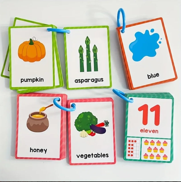 Kids Learning Ring Flash Cards Set – Numbers, Foods, Fruits, Colors & Shapes