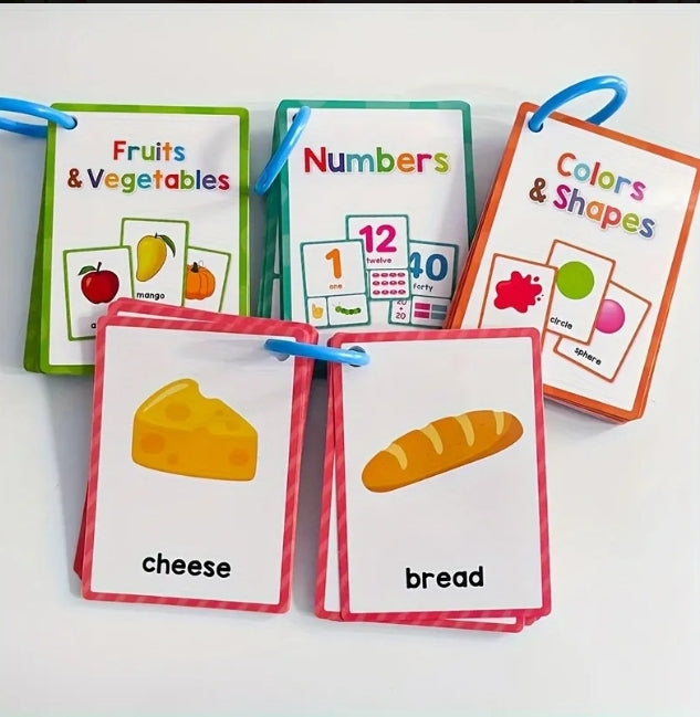Kids Learning Ring Flash Cards Set – Numbers, Foods, Fruits, Colors & Shapes