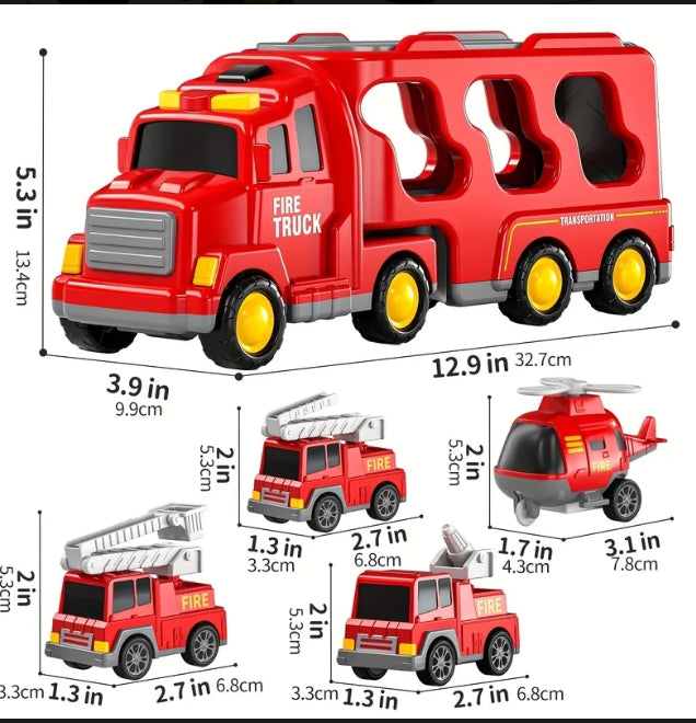 Fire Rescue Transport Truck Playset (Fire Truck Carrier & Mini Rescue Vehicles)