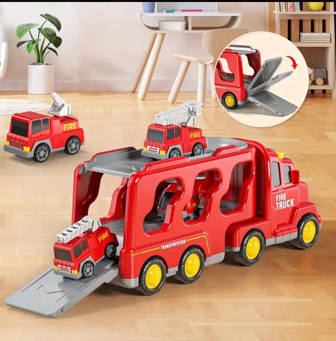Fire Rescue Transport Truck Playset (Fire Truck Carrier & Mini Rescue Vehicles)