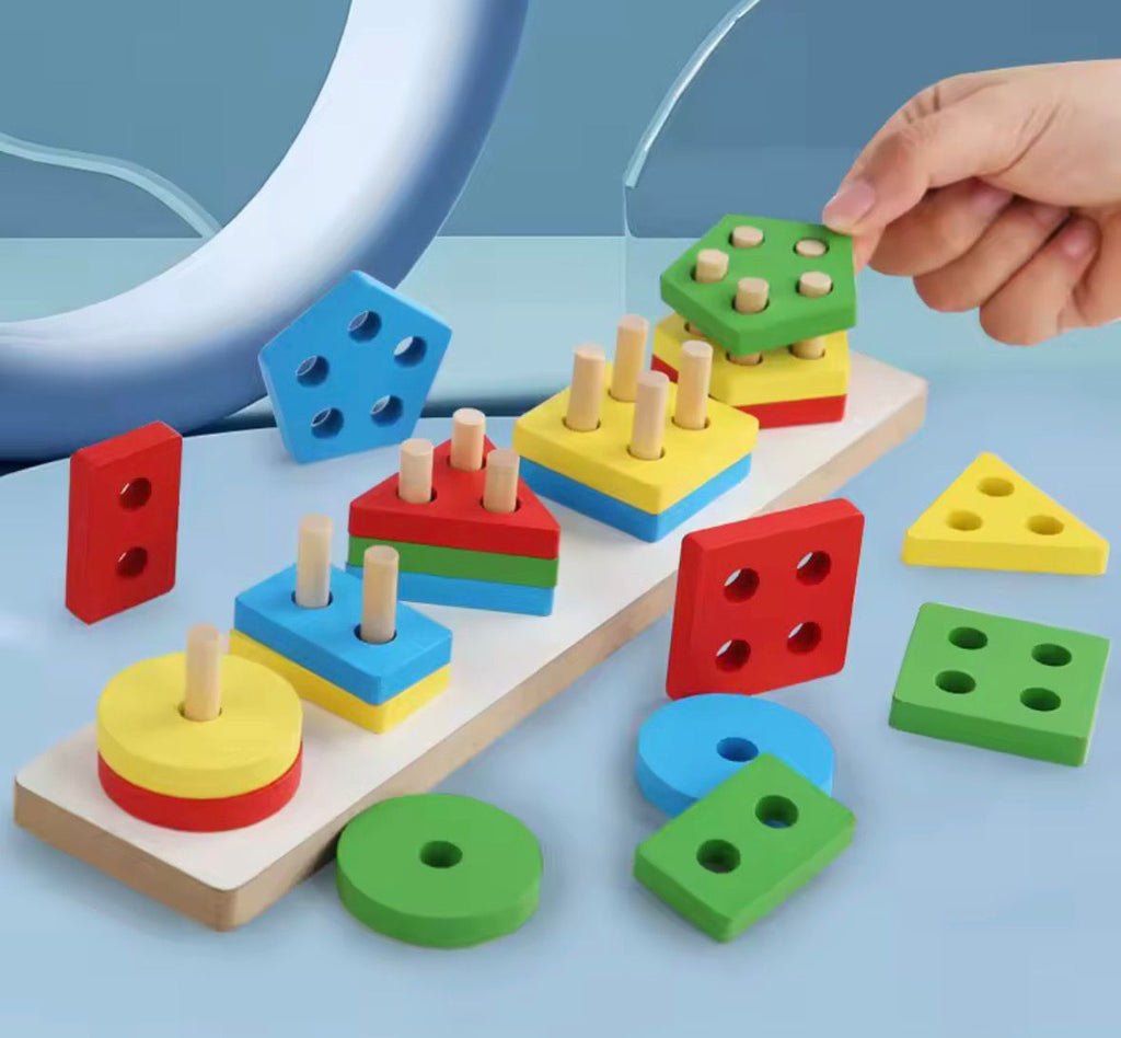 Wooden Shape Sorting & Stacking Puzzle Board (Montessori Learning Toy)